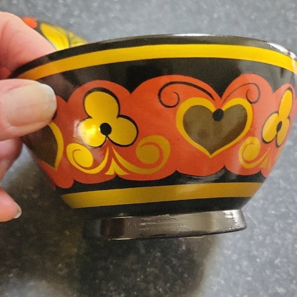 Russian Ukrainian Handcrafted Handpainted Yellow Black Flowers Bowl Spoon Wooden